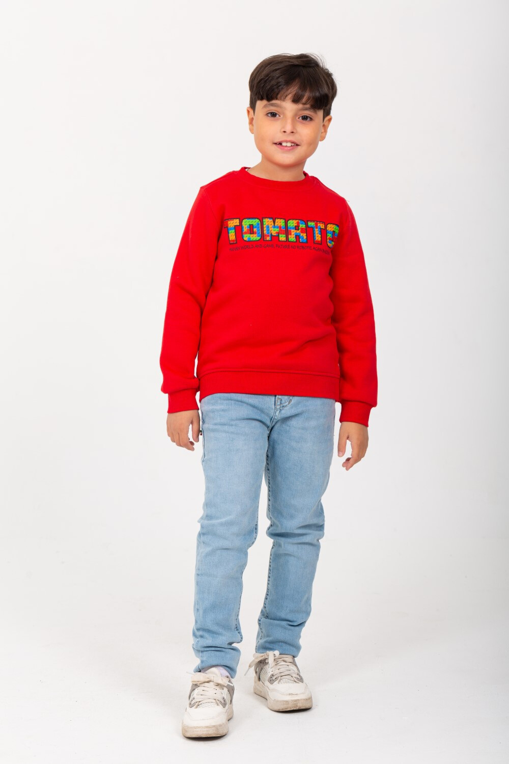 Boy's Rounded Neck Padded With Unqiue Modern Front Tomato Design Sweatshirt
