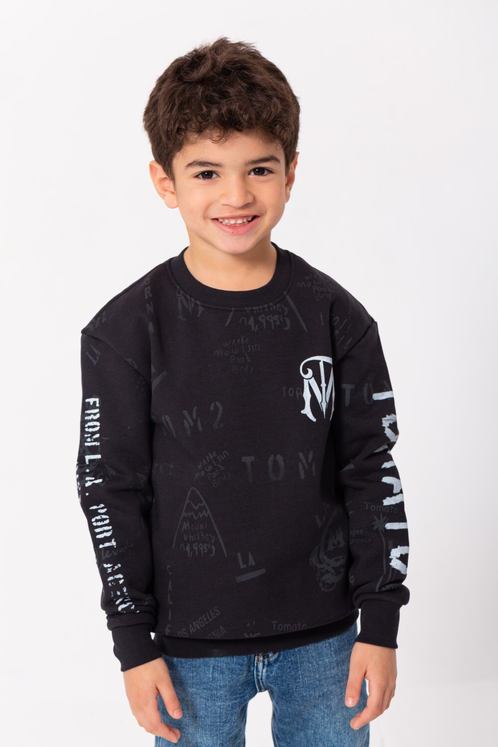 Boy's Rounded Neck Padded With Unqiue Modern Front Pattern & Printed Sleeve Sweatshirt