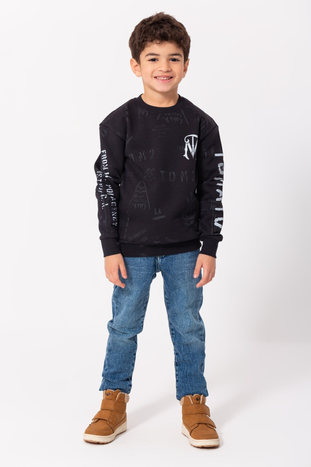 Boy's Rounded Neck Padded With Unqiue Modern Front Pattern & Printed Sleeve Sweatshirt
