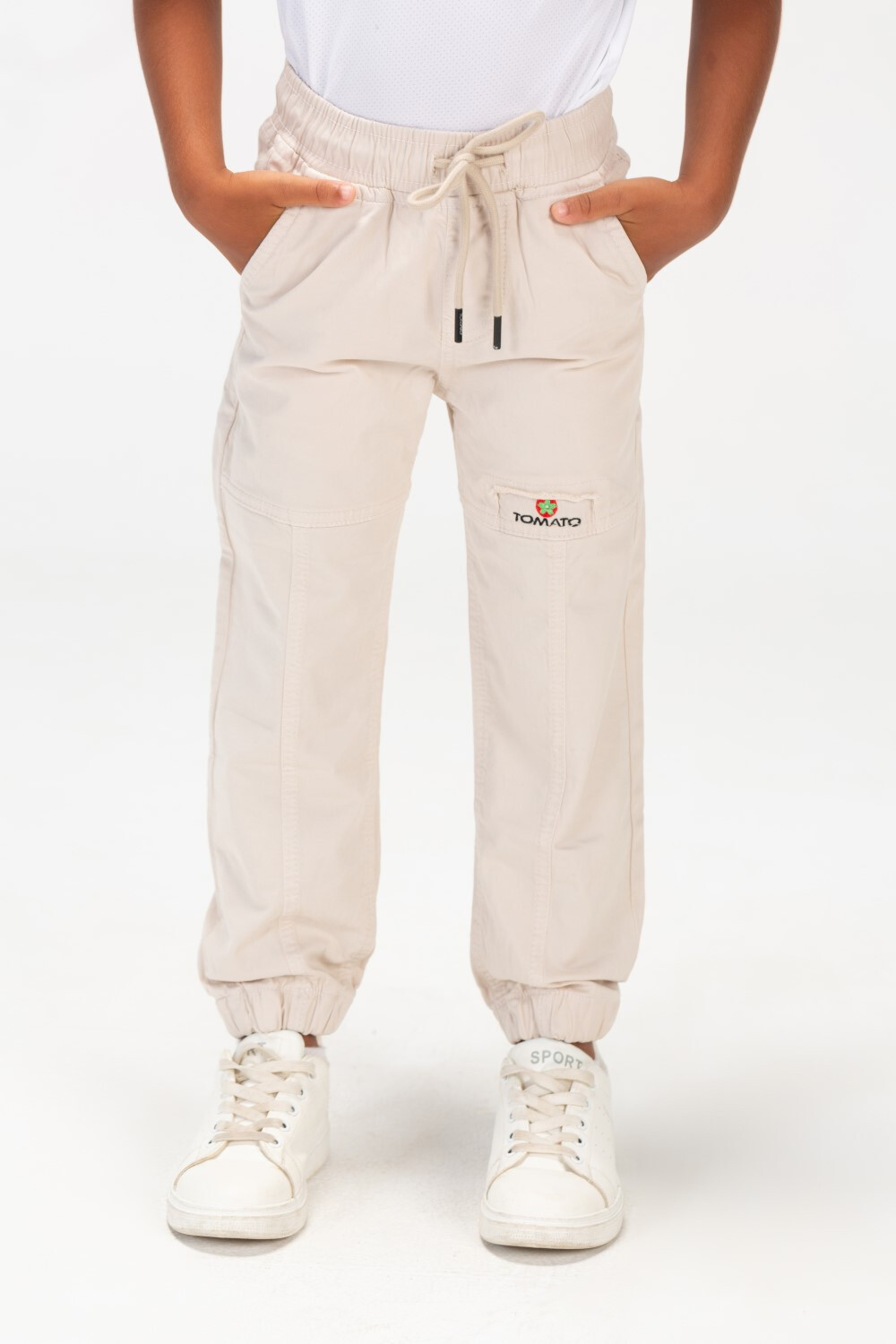 Boys Gabardine Sherwal Trousers With Elastic Waistband And Tomato Print On The Front