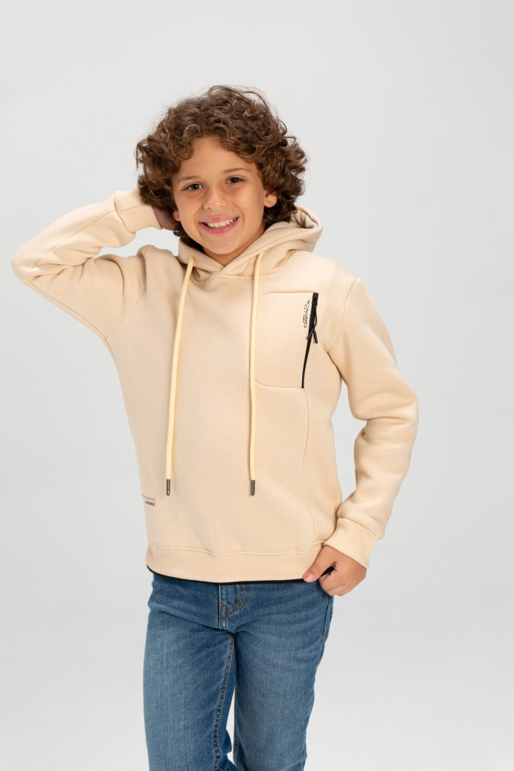 Boy's Regular Fit Made Of Comfort Melton Rounded Neck Padded Basic With Front Pocket Sweatshirt