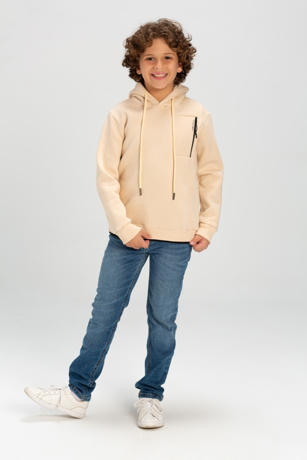 Boy's Regular Fit Made Of Comfort Melton Rounded Neck Padded Basic With Front Pocket Sweatshirt