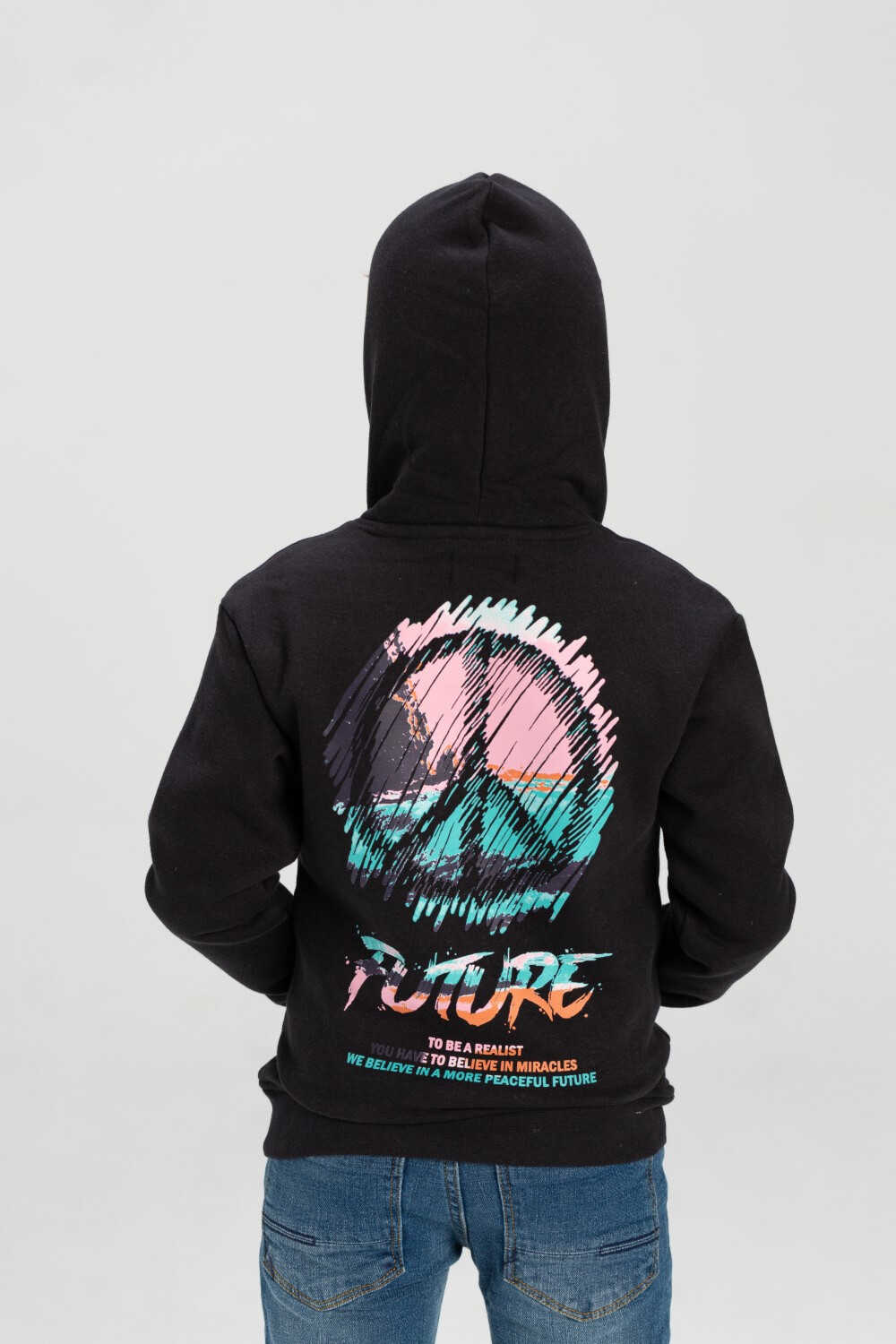 Boy's Padded Hooded Full Zipper Made Of Soft Melton Front & Back Printed Sweatshirt