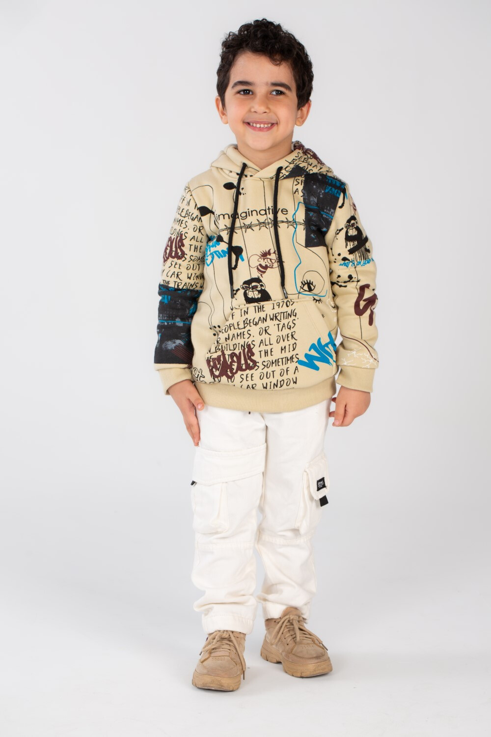 Boy's Slim Fit Hooded Melton Padded Full Back & Front Printed Hoodie Sweatshirt