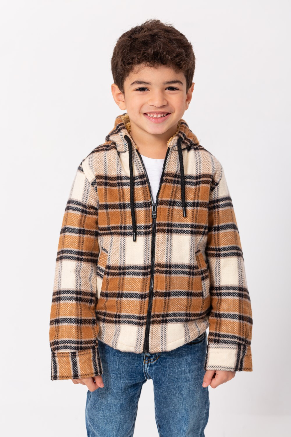 Boy's Checked Regular Fit Zipper Padded Soft Wool Side Pockets Shirt