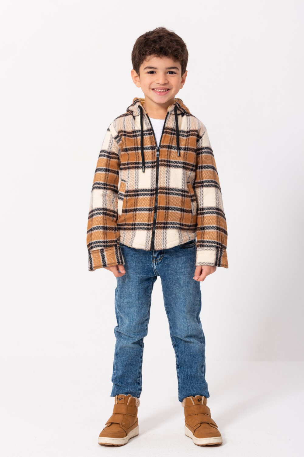 Boy's Checked Regular Fit Zipper Padded Soft Wool Side Pockets Shirt