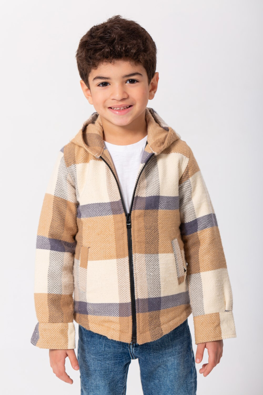 Boy's Checked Regular Fit Full Zipper Padded Soft Wool Side Pockets Shirt