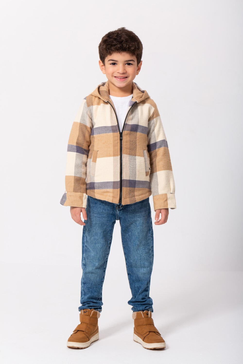 Boy's Checked Regular Fit Full Zipper Padded Soft Wool Side Pockets Shirt
