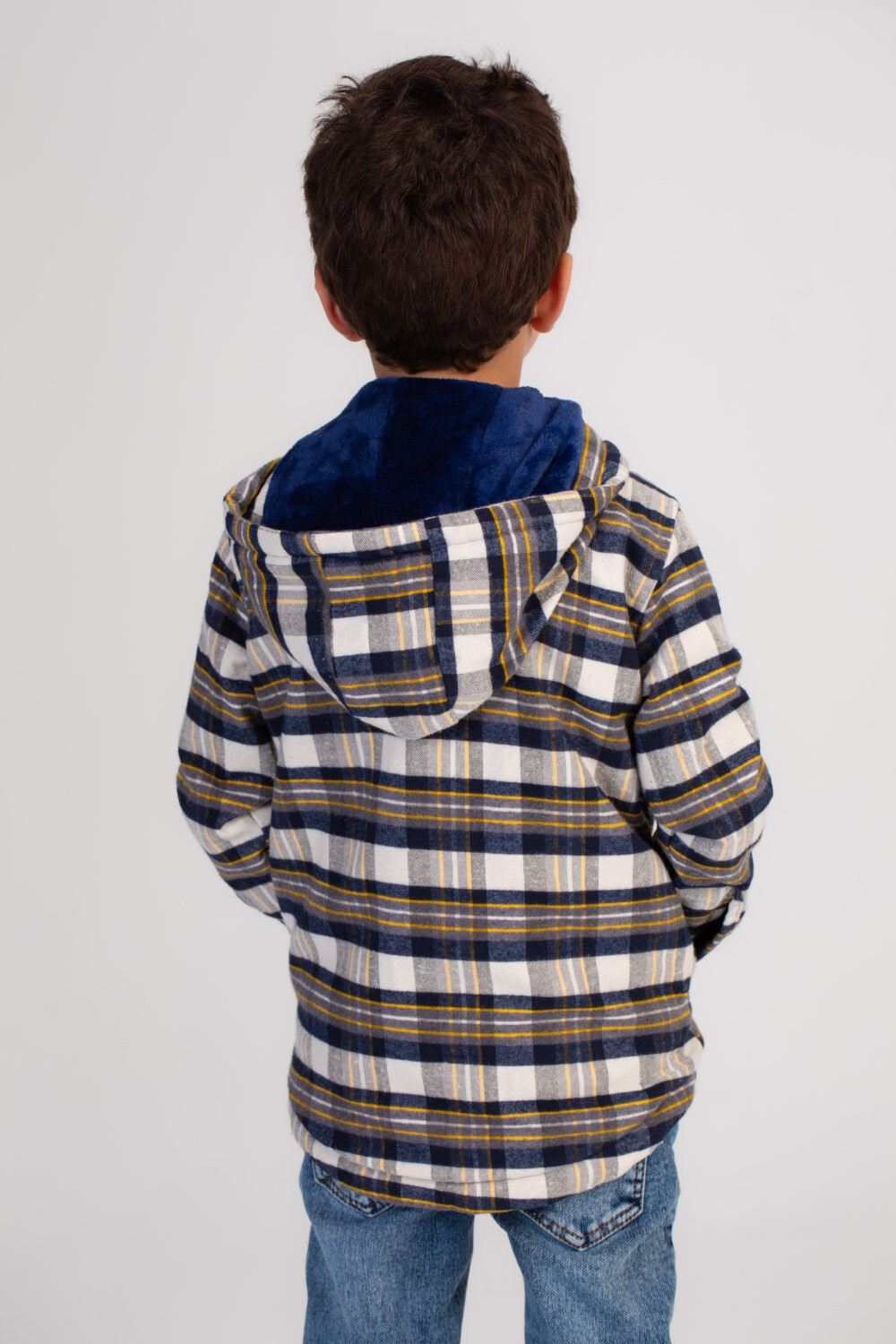 Boy's Regular Fit Full Zipper Side Pockets Checked Wool Padded Hooded Shirt Features side pockets for convenience