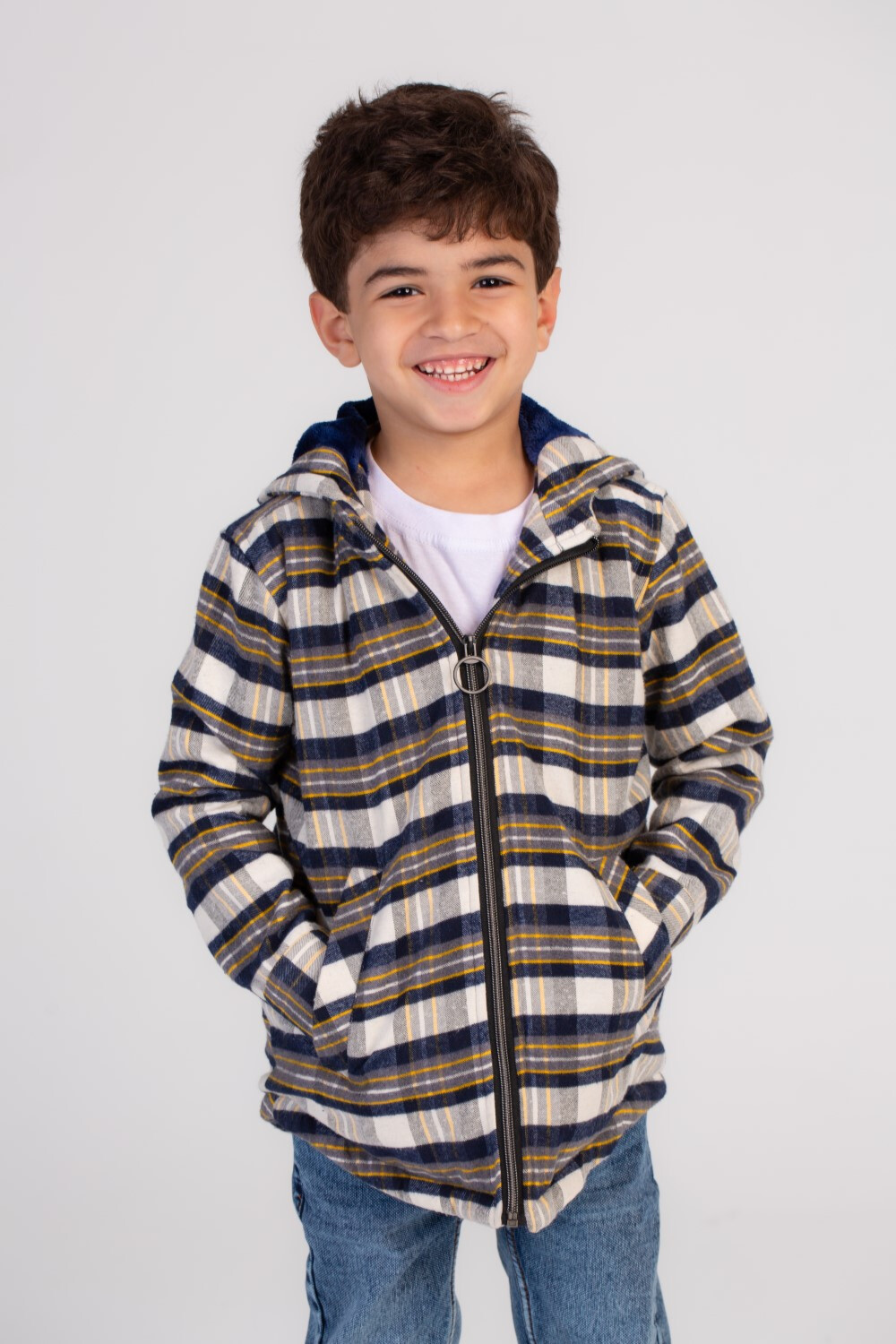 Boy's Regular Fit Full Zipper Side Pockets Checked Wool Padded Hooded Shirt Features side pockets for convenience