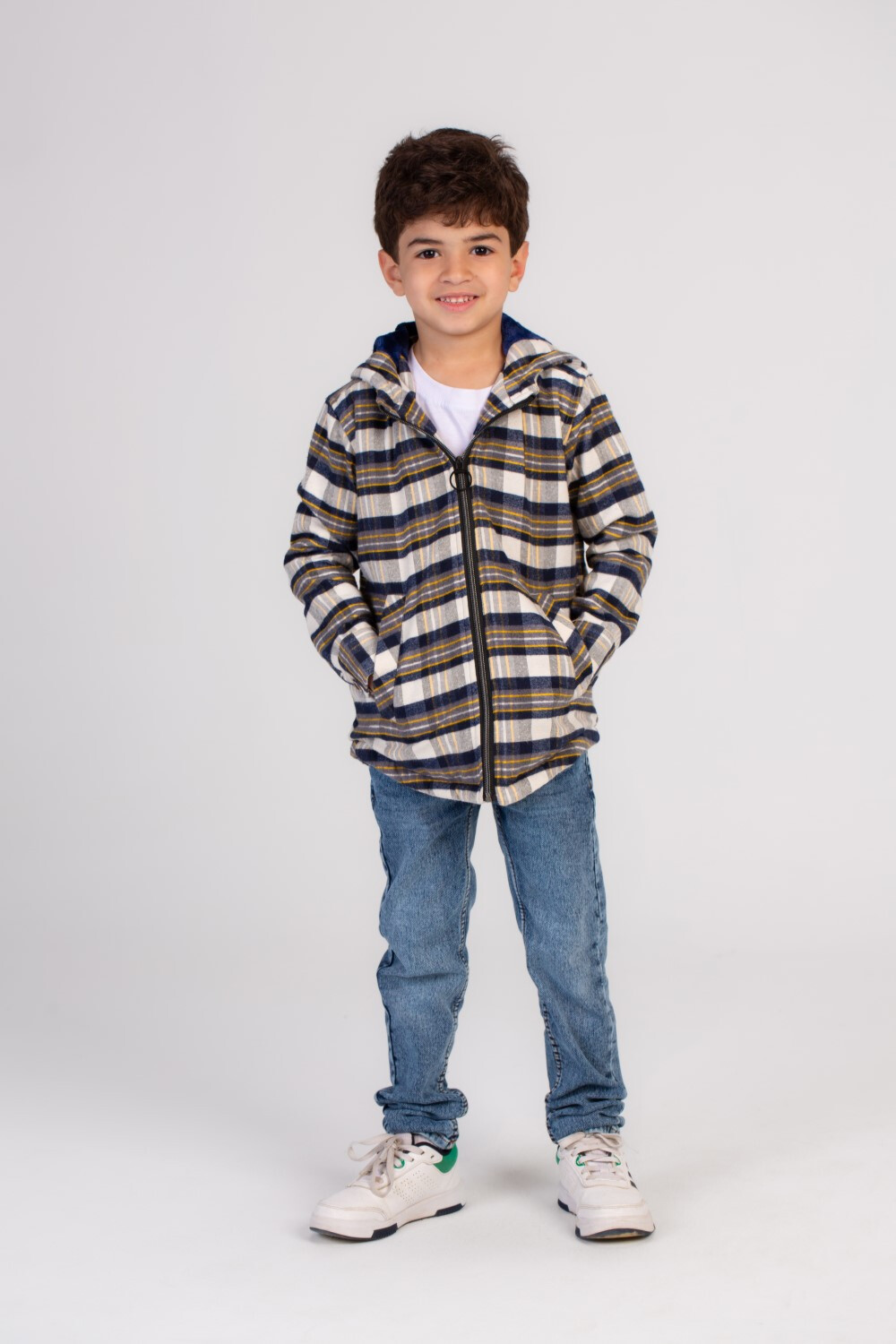 Boy's Regular Fit Full Zipper Side Pockets Checked Wool Padded Hooded Shirt Features side pockets for convenience