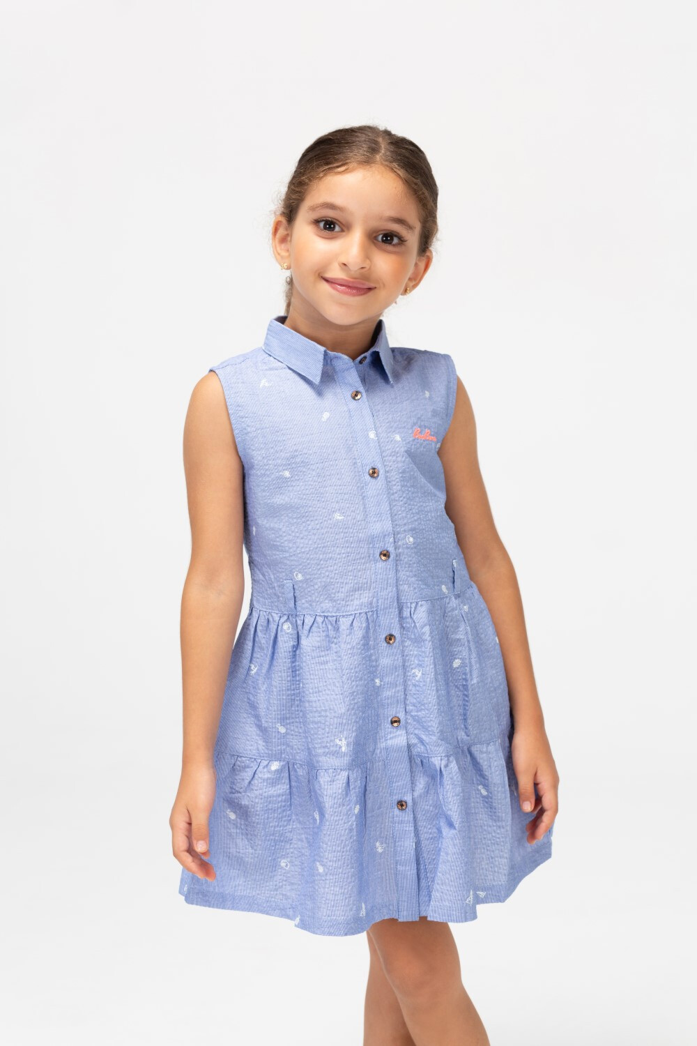 Girls Summer Floral Dress With Front Buttons In D-Blue