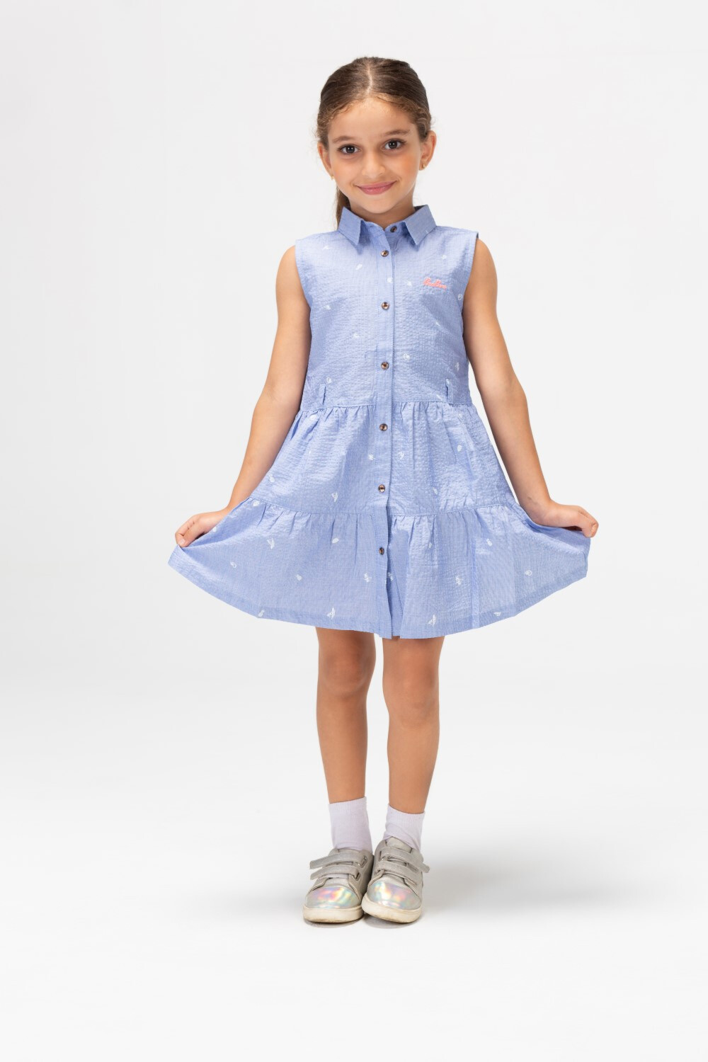Girls Summer Floral Dress With Front Buttons In D-Blue