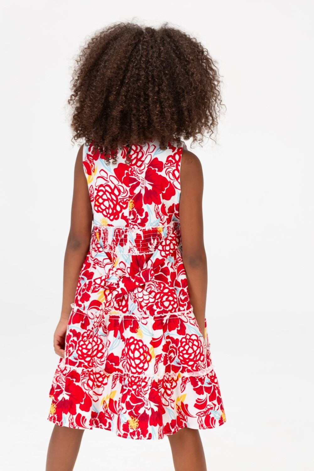 Girls Floral Without Sleeves Dress With A Belt In The Middle In Red