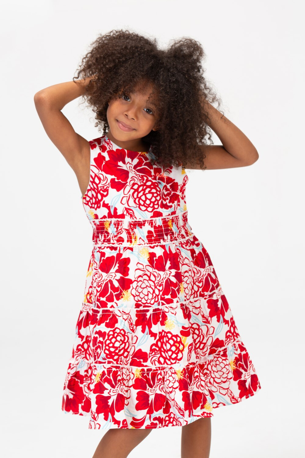 Girls Floral Without Sleeves Dress With A Belt In The Middle In Red