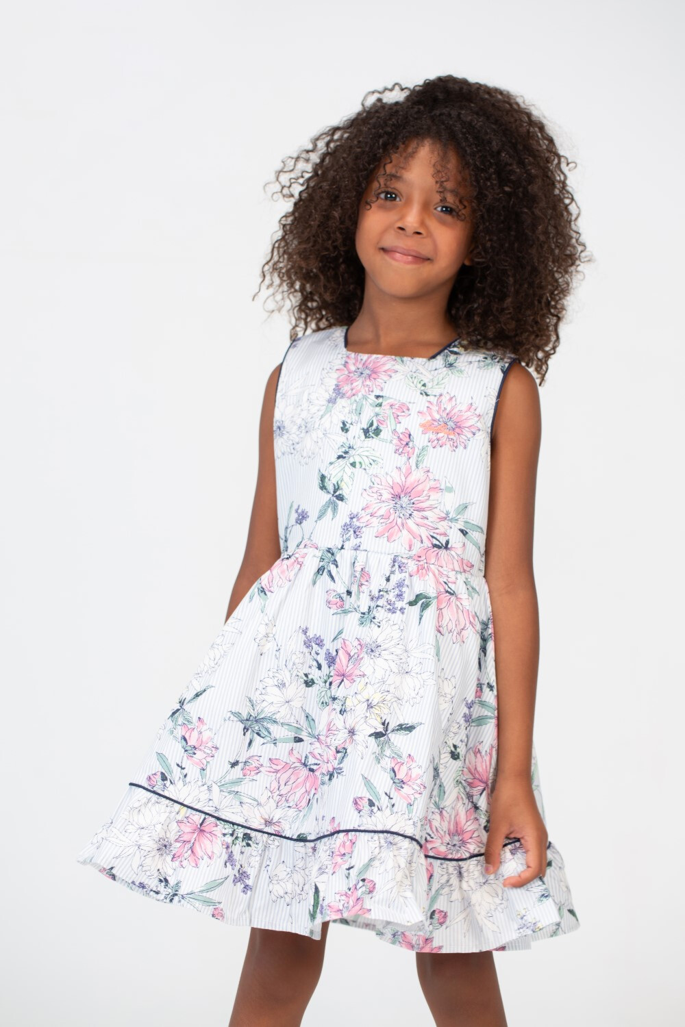 Girls Cut Floral Print Knee Length Fabric Dress In Light Blue