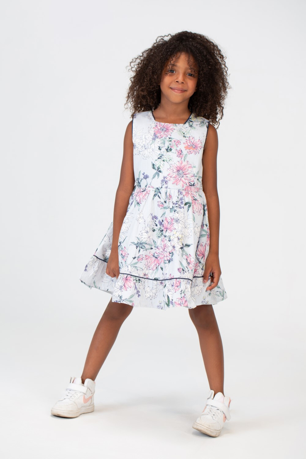 Girls Cut Floral Print Knee Length Fabric Dress In Light Blue