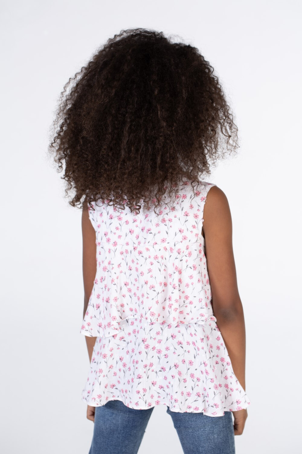 Girls Floral Cat Blouse With Buttons On The Front And Ruffles