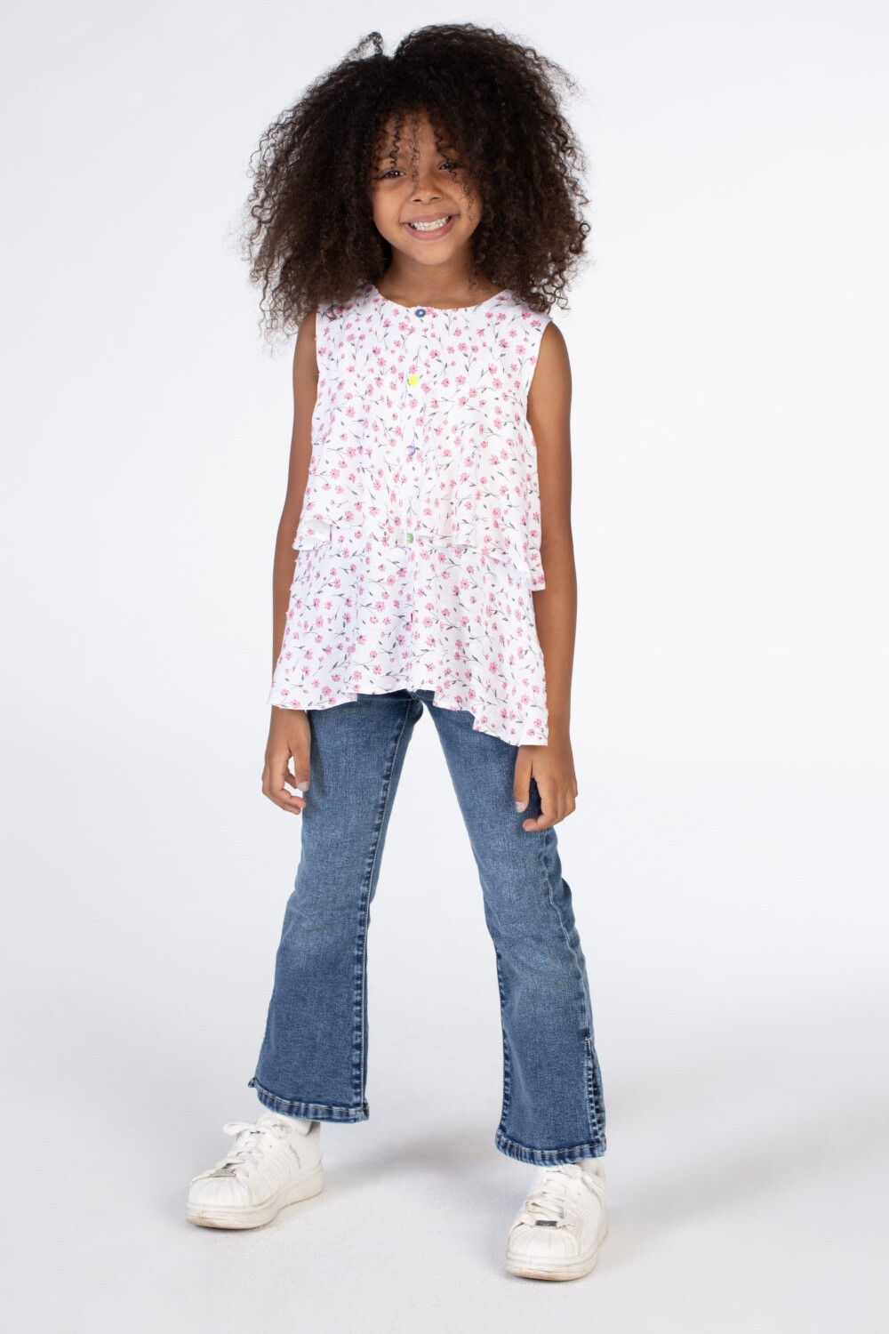Girls Floral Cat Blouse With Buttons On The Front And Ruffles