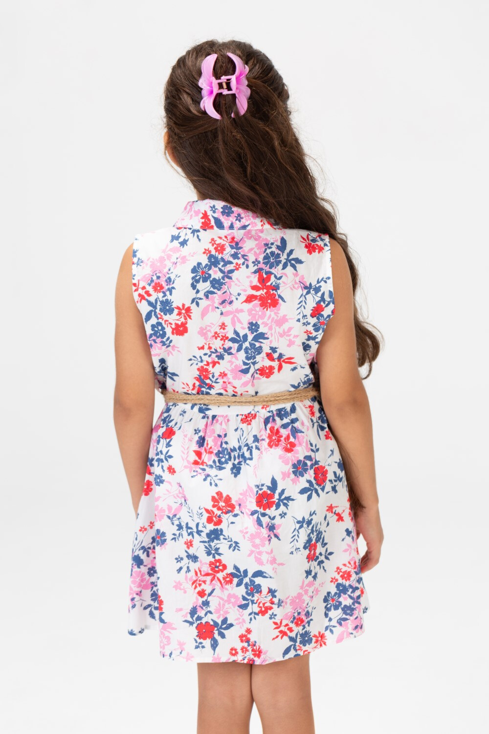 Girls Summer Floral Dress With Front Buttons And A Belt In The Middle Blue