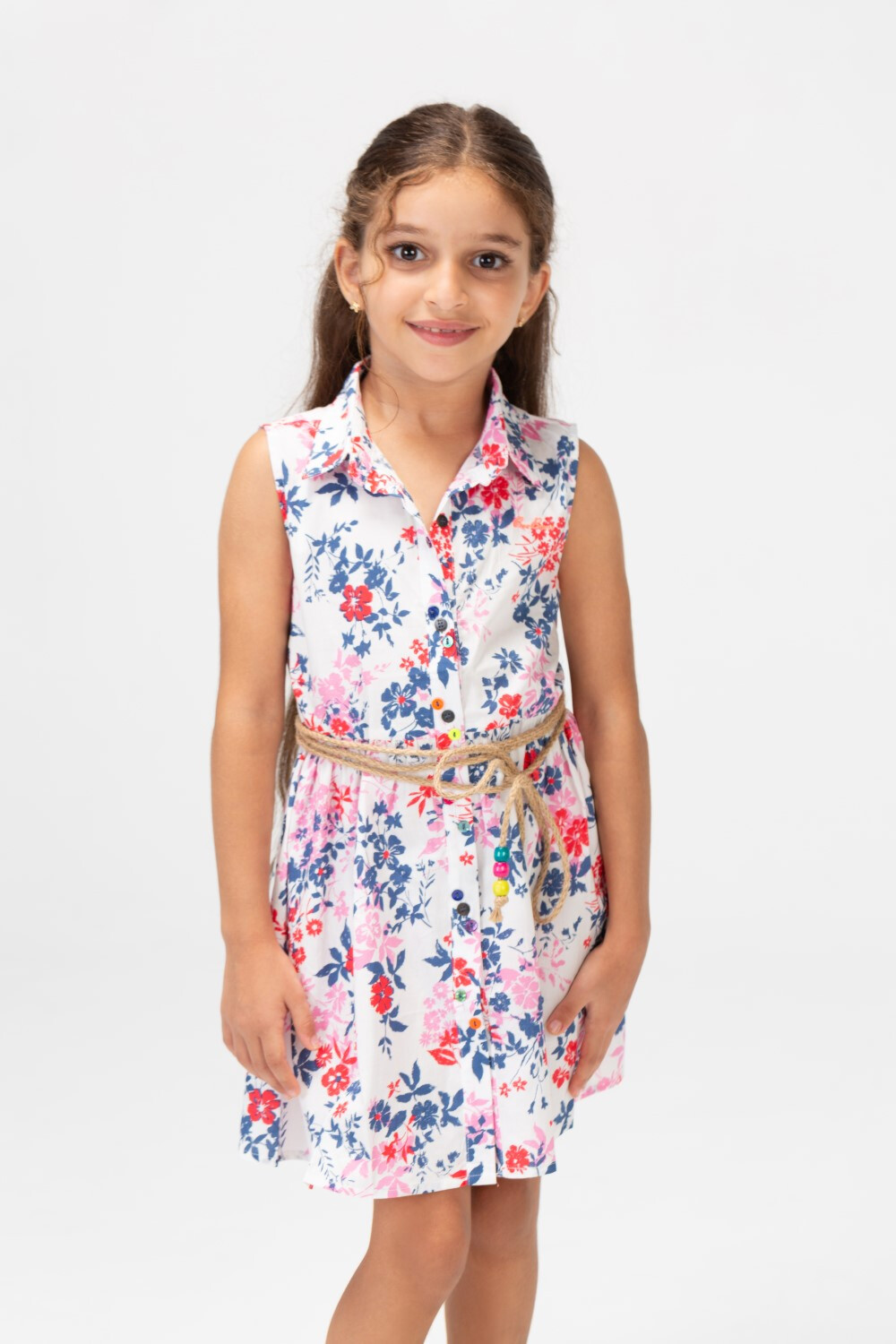 Girls Summer Floral Dress With Front Buttons And A Belt In The Middle Blue