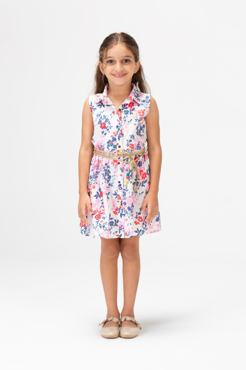 Girls Summer Floral Dress With Front Buttons And A Belt In The Middle Blue