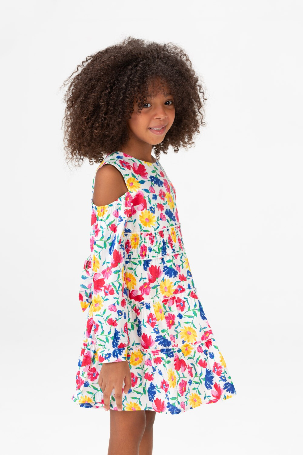 Girls Round Long Sleeved Floral Dress In Blue