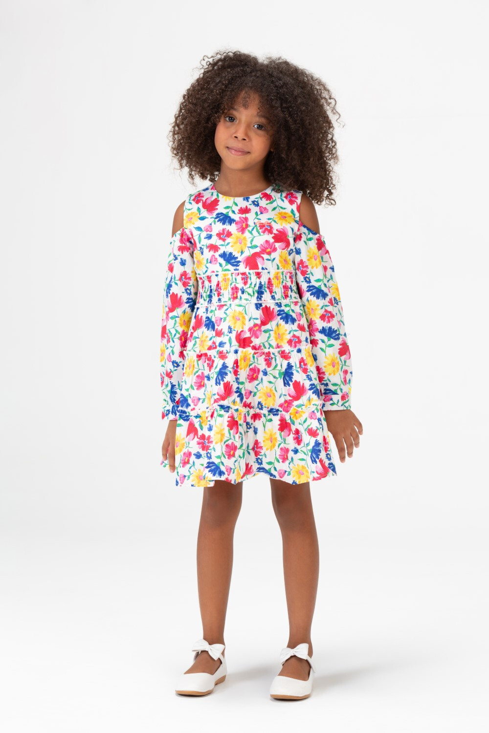 Girls Round Long Sleeved Floral Dress In Blue
