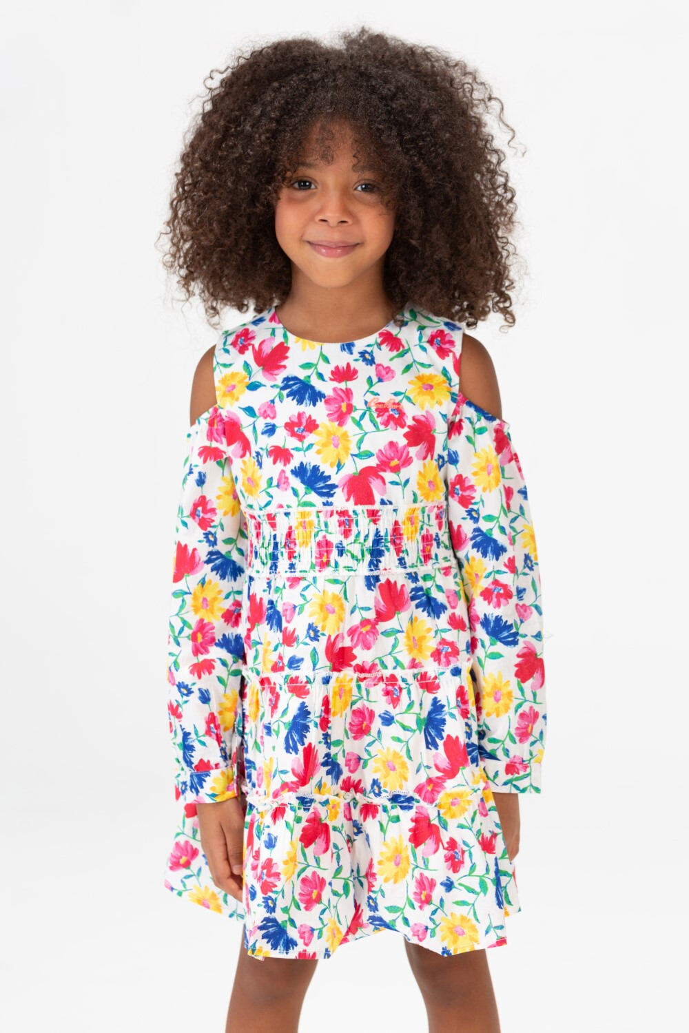 Girls Round Long Sleeved Floral Dress In Blue
