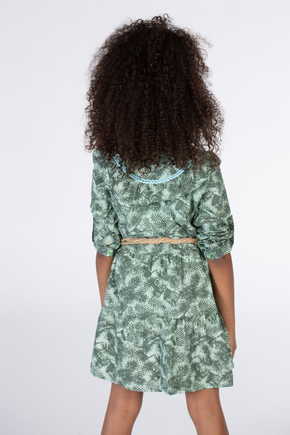 Girls Green Floral Dress With A Belt At The Waist And A Collar With Colorful Buttons On The Front