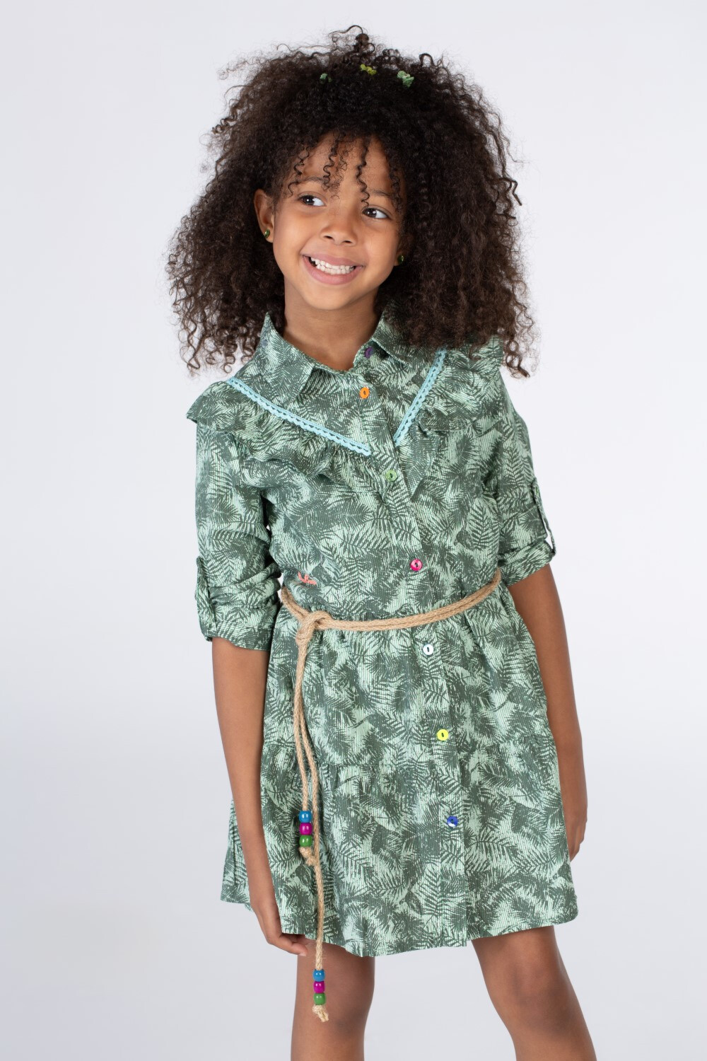 Girls Green Floral Dress With A Belt At The Waist And A Collar With Colorful Buttons On The Front