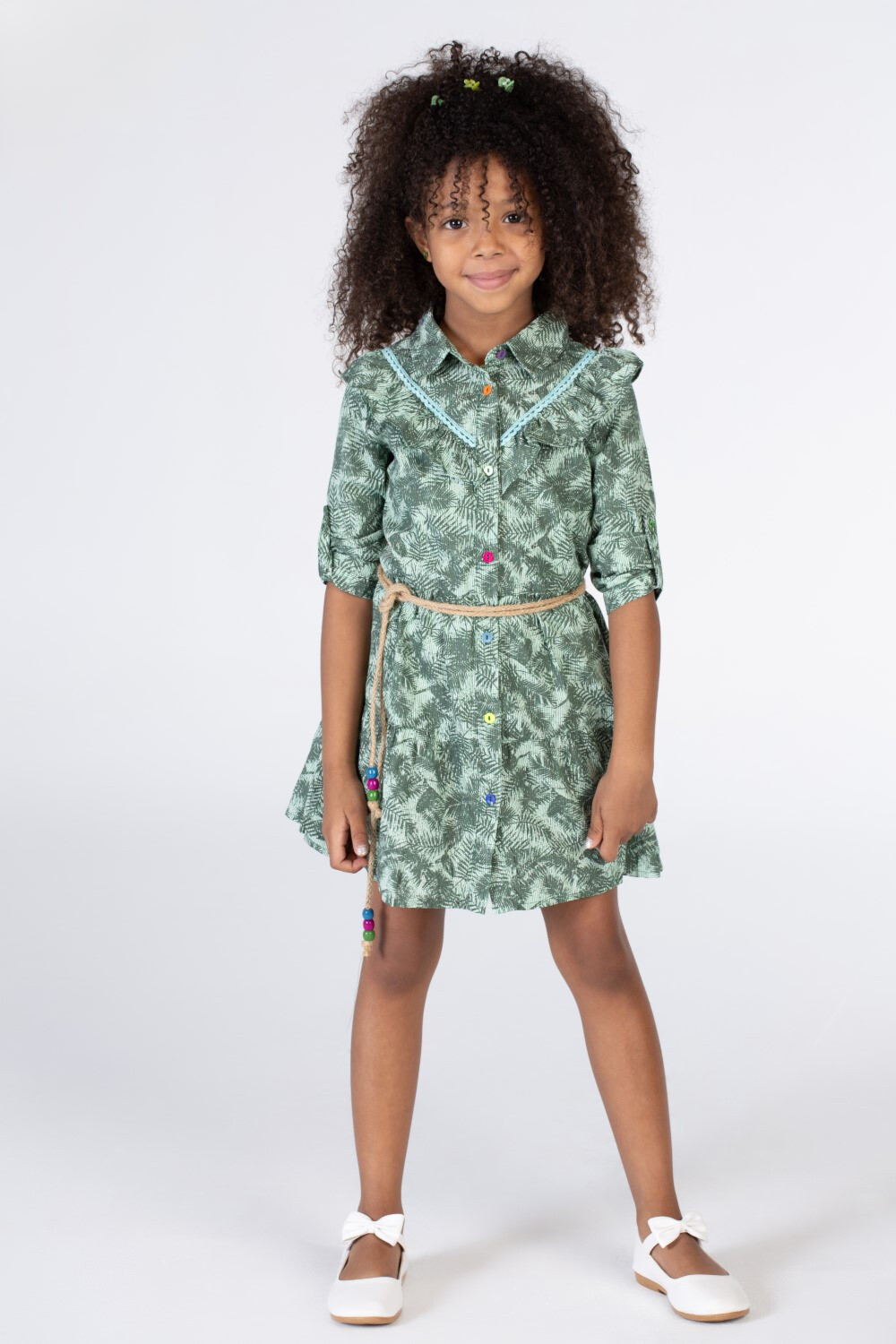 Girls Green Floral Dress With A Belt At The Waist And A Collar With Colorful Buttons On The Front
