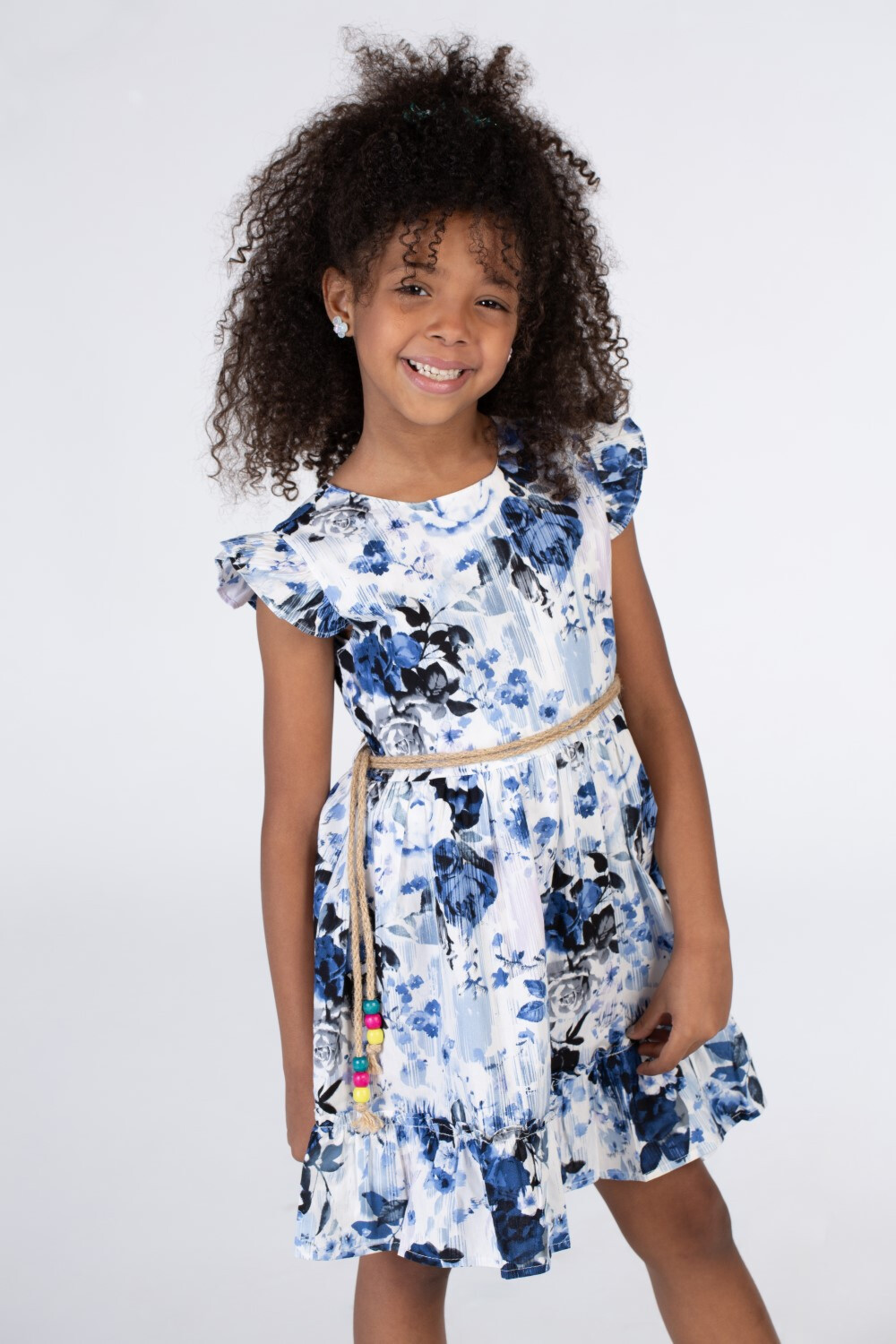 Girls Floral Cut Dress With A Round Neck And A Waist Belt In Blue Tomato Stores