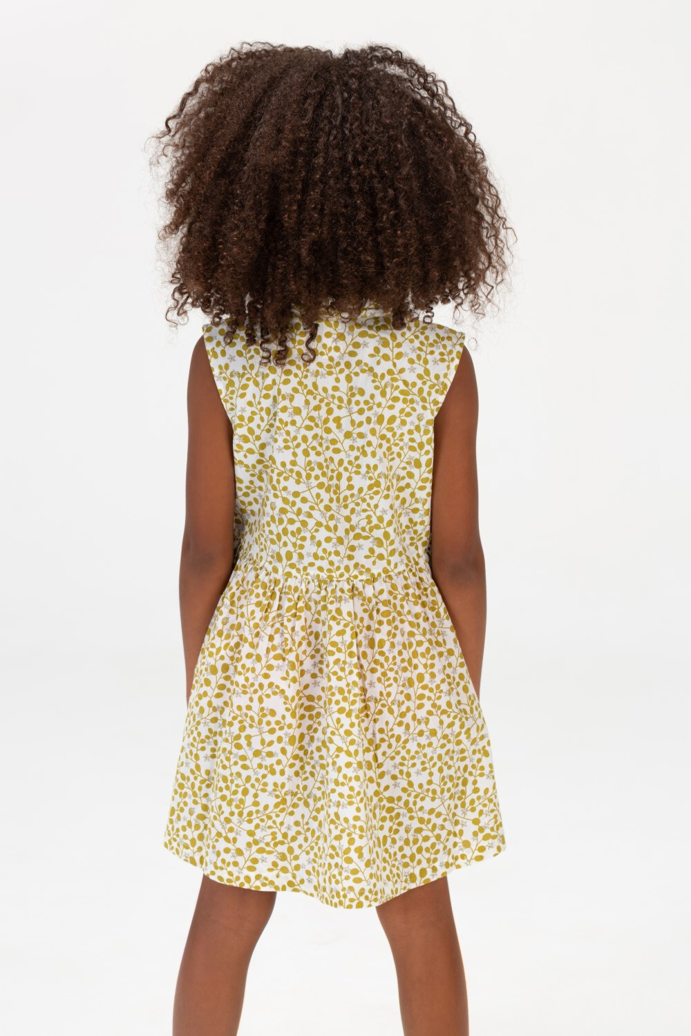 Girls Floral Printed Dress With Colorful Front Buttons And Sleeveless Olive Green