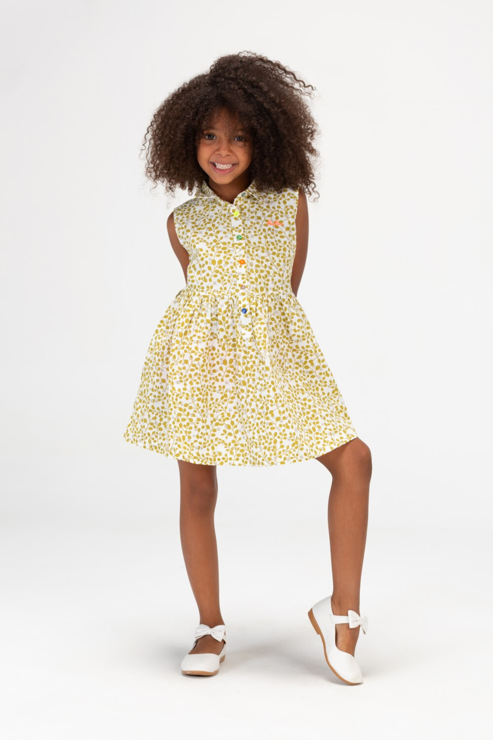 Girls Floral Printed Dress With Colorful Front Buttons And Sleeveless Olive Green