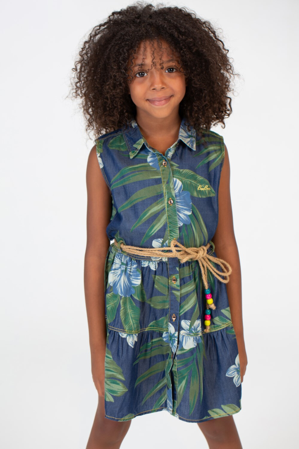 Girls Wooded Floral Dress With Drawstring At The Middle And Buttons On The Front Green Tomato Stores