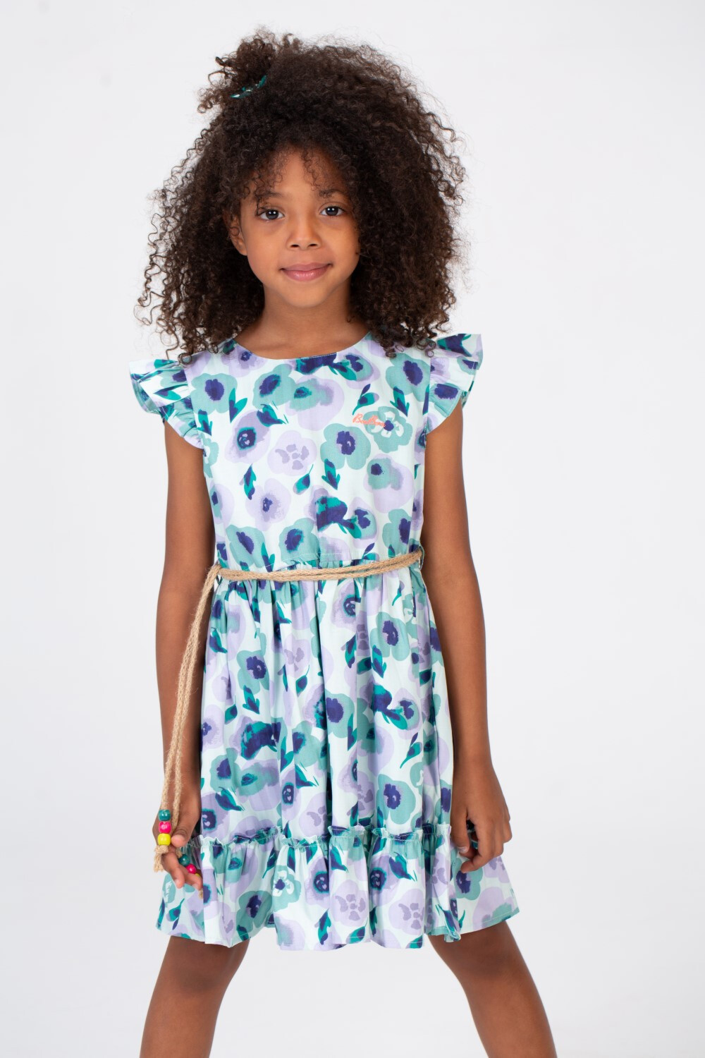 Girls Fabric Floral Dress With A Burlap Belt In The Middle And Ruffled Shoulders Green Tomato Stores