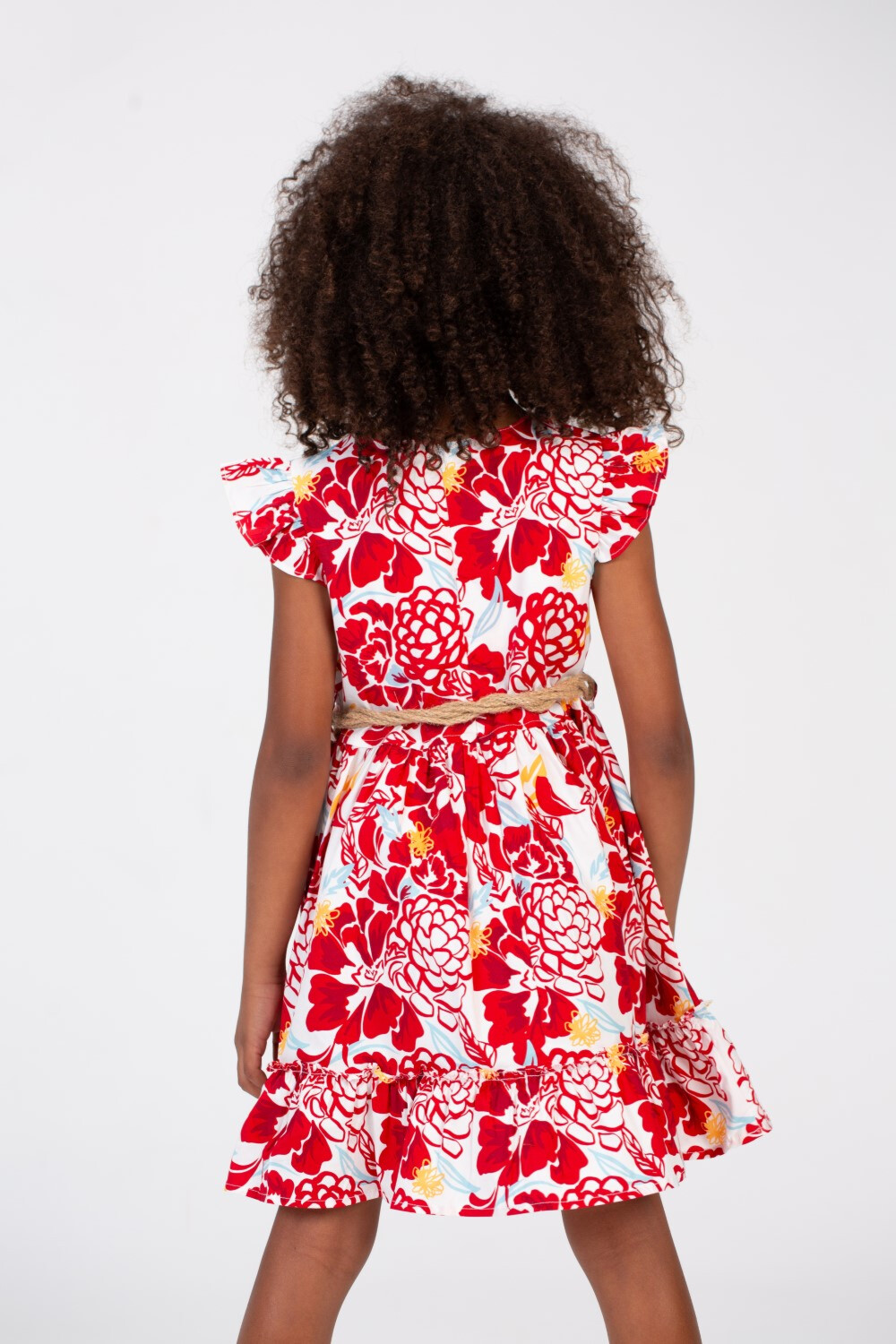 Girls Floral Dress With A Burlap Belt In The Middle And Ruffled Shoulders Red