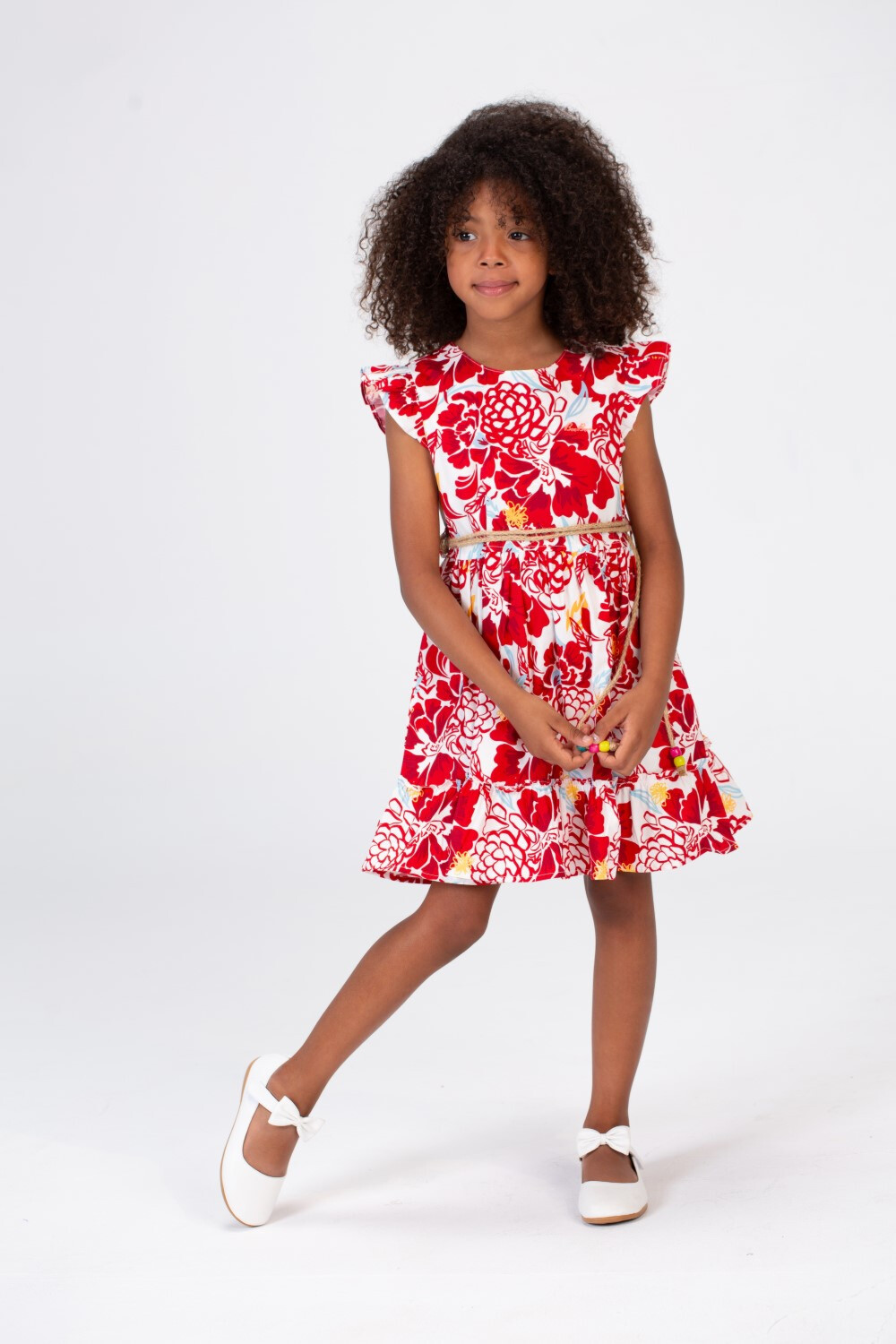 Girls Floral Dress With A Burlap Belt In The Middle And Ruffled Shoulders Red