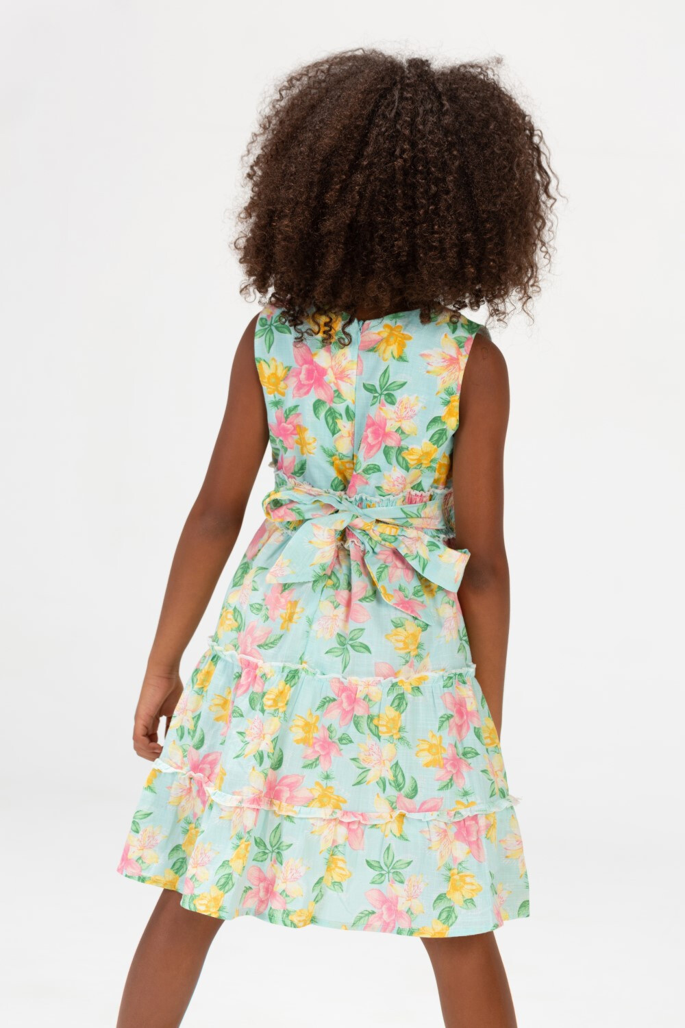 Girls Floral Without Sleeves Dress With Elastic Band In The Middle In Mint Green
