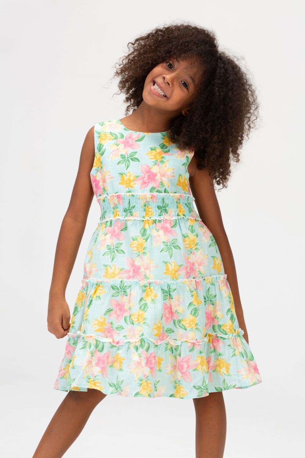 Girls Floral Without Sleeves Dress With Elastic Band In The Middle In Mint Green