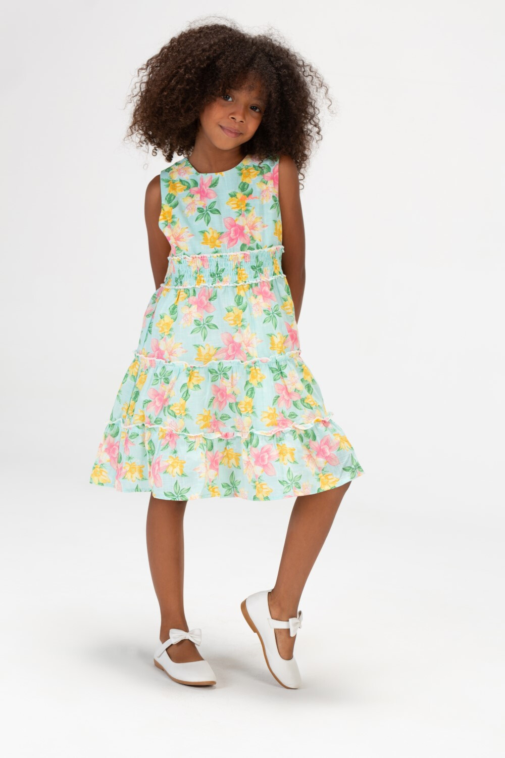 Girls Floral Without Sleeves Dress With Elastic Band In The Middle In Mint Green