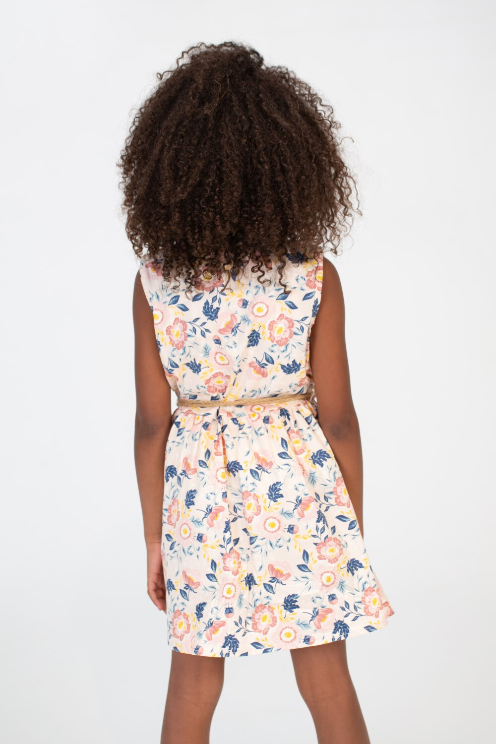 Girls Floral Cut Dress With Waistbelt And Collar With Buttons On The Front In Pink