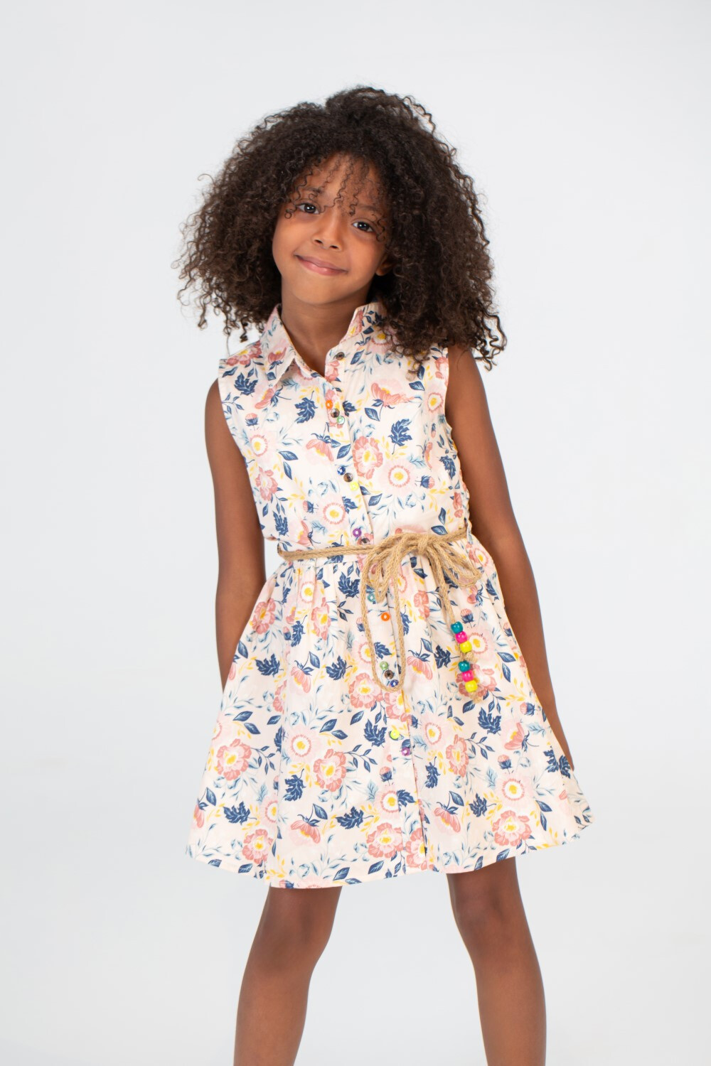 Girls Floral Cut Dress With Waistbelt And Collar With Buttons On The Front In Pink