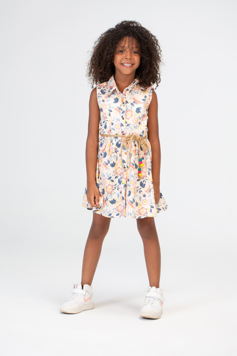 Girls Floral Cut Dress With Waistbelt And Collar With Buttons On The Front In Pink