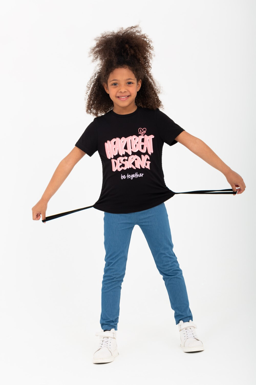 Girl's Short Sleeve Drawstring Round Neck Printed T Shirt