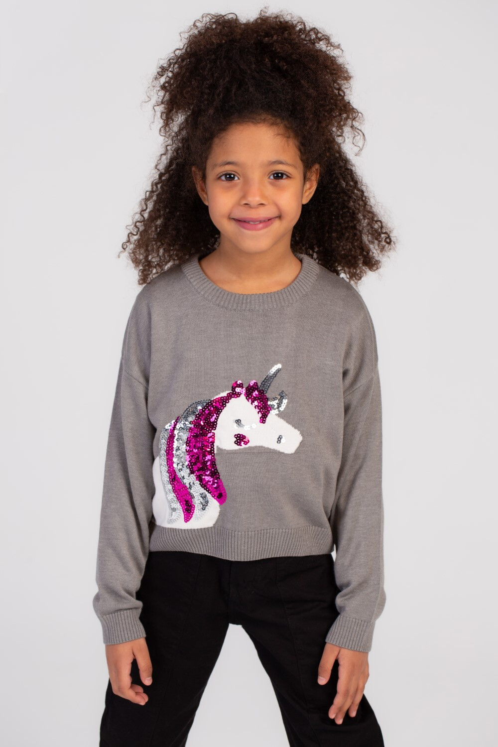 Girl's Rounded Neck Front Printed Unicorn Design Soft Wool Pullover