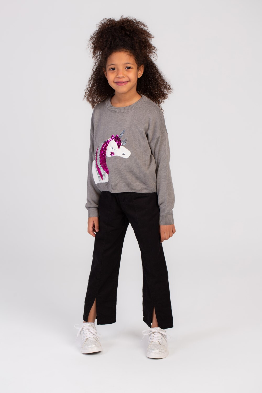 Girl's Rounded Neck Front Printed Unicorn Design Soft Wool Pullover