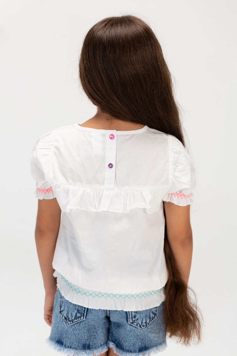 Girls Tomato Blouse In Short Sleeved Fabric With Colorful Back Buttons