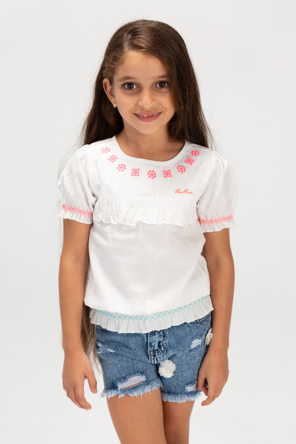 Girls Tomato Blouse In Short Sleeved Fabric With Colorful Back Buttons